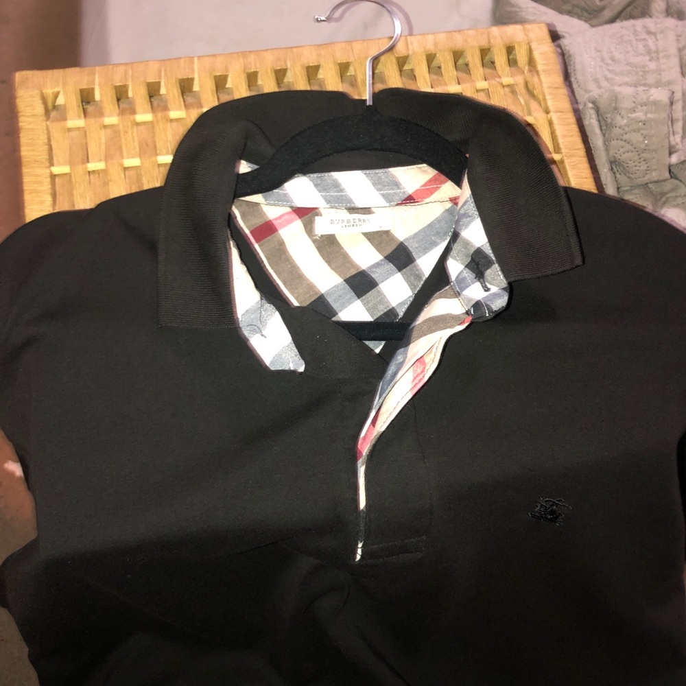Burberry Black Men's Polo Shirt with Plaid Trim